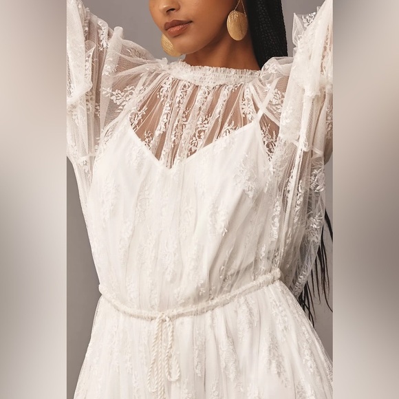 NEW Lace Dress Anthropologie Sheer White Let Me Be Short Sleeve Ruffle Maxi - Picture 6 of 11